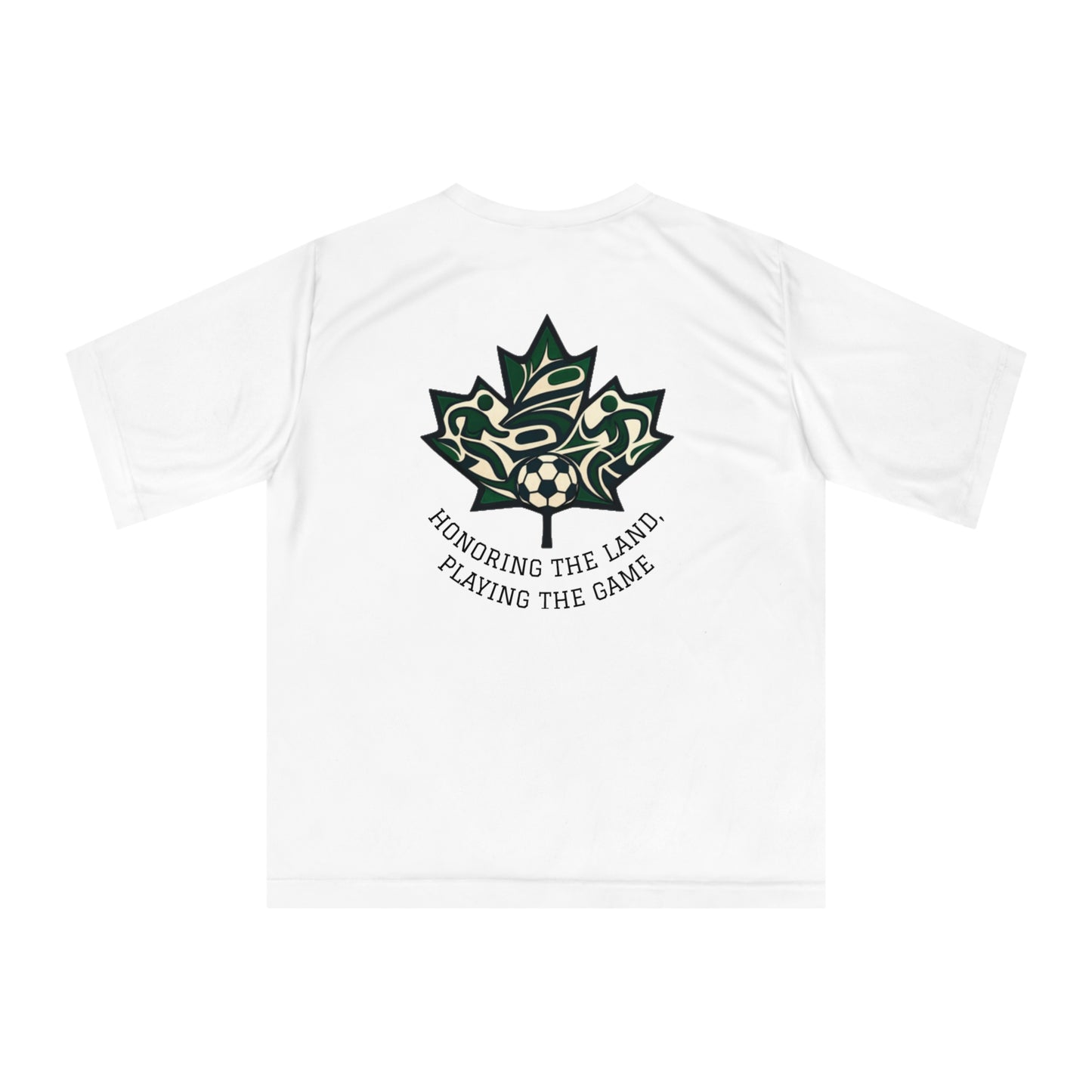 Female Salish Striker Performance T-Shirt — Indigenous Maple Leaf Soccer Design “Honoring the Land, Playing the Game”