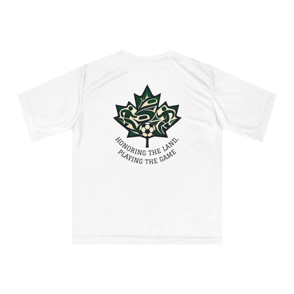 Female Salish Striker Performance T-Shirt — Indigenous Maple Leaf Soccer Design “Honoring the Land, Playing the Game”