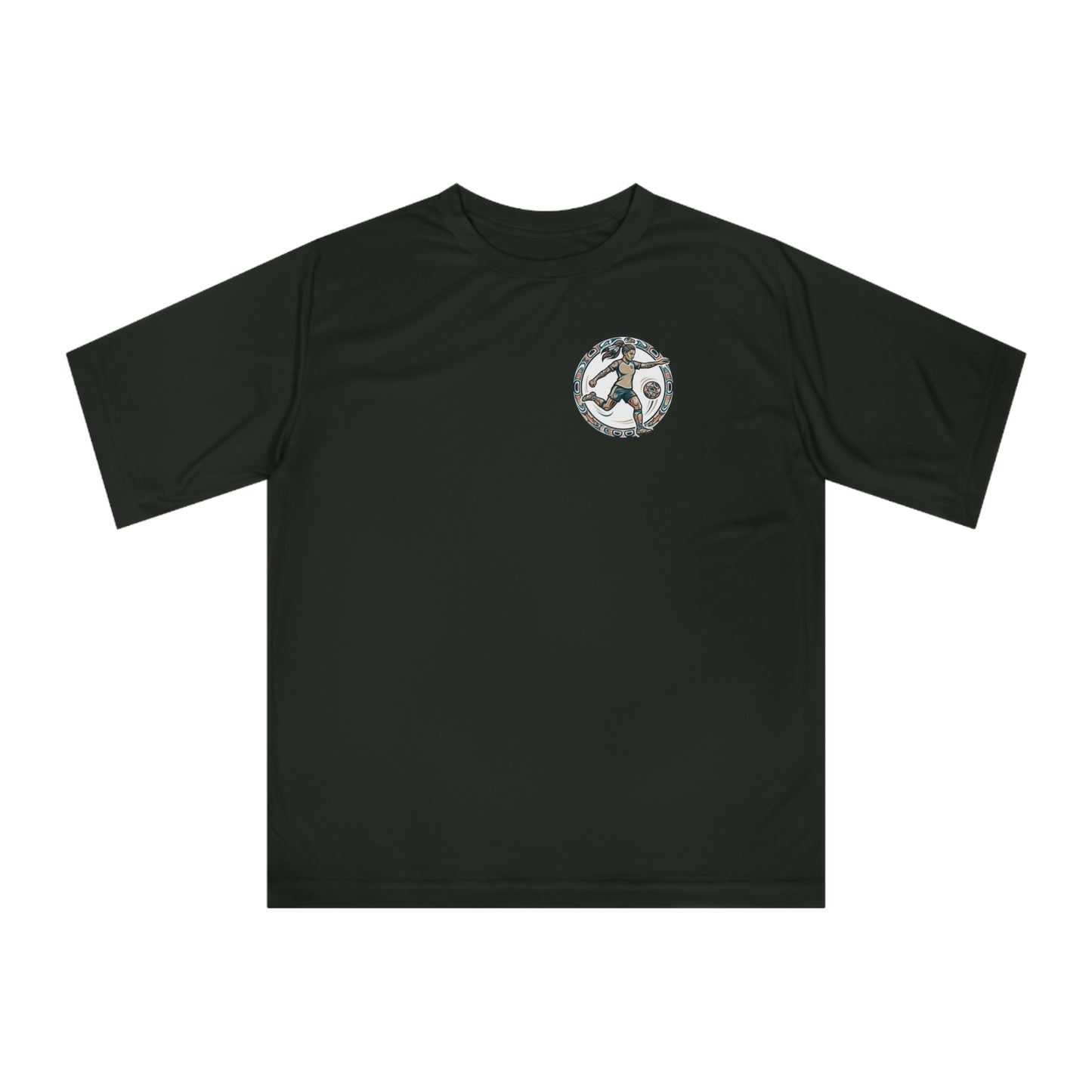 Female Salish Striker Performance T-Shirt — Indigenous Maple Leaf Soccer Design “Honoring the Land, Playing the Game”