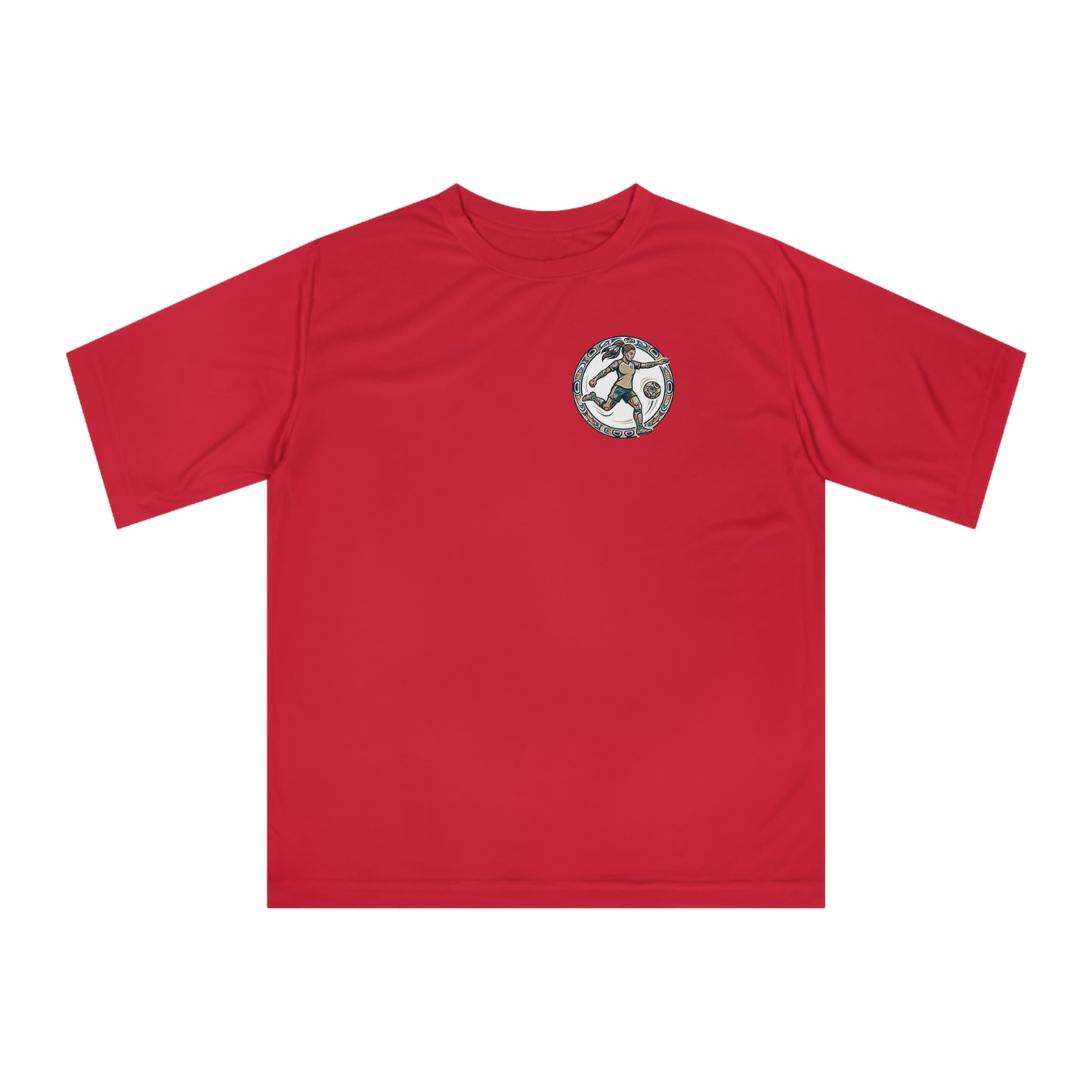 Female Salish Striker Performance T-Shirt — Indigenous Maple Leaf Soccer Design “Honoring the Land, Playing the Game”