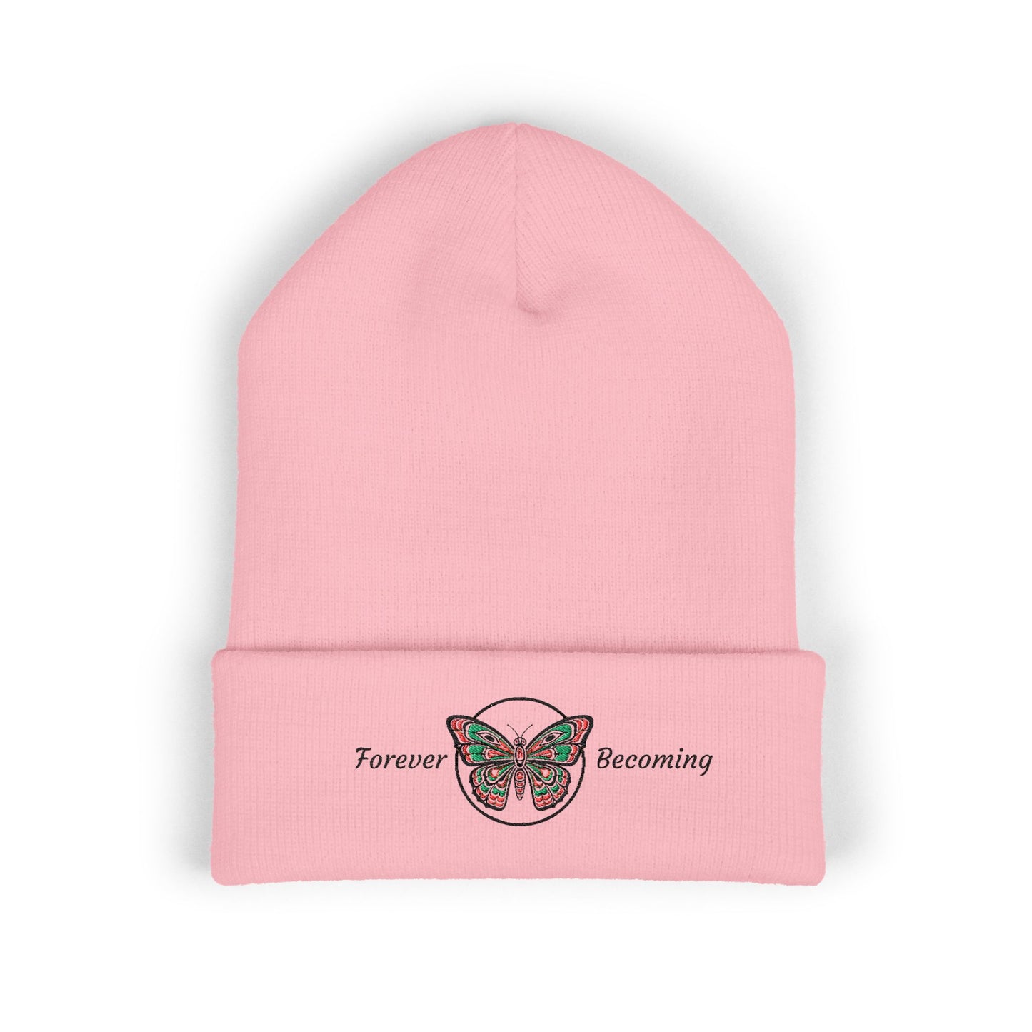 Embroidered Coast Salish Butterfly Beanie — "Forever Becoming" Cuffed Knit Hat