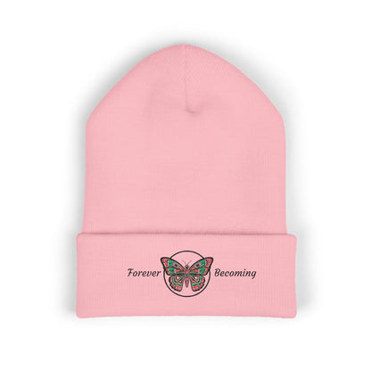 Embroidered Coast Salish Butterfly Beanie — "Forever Becoming" Cuffed Knit Hat