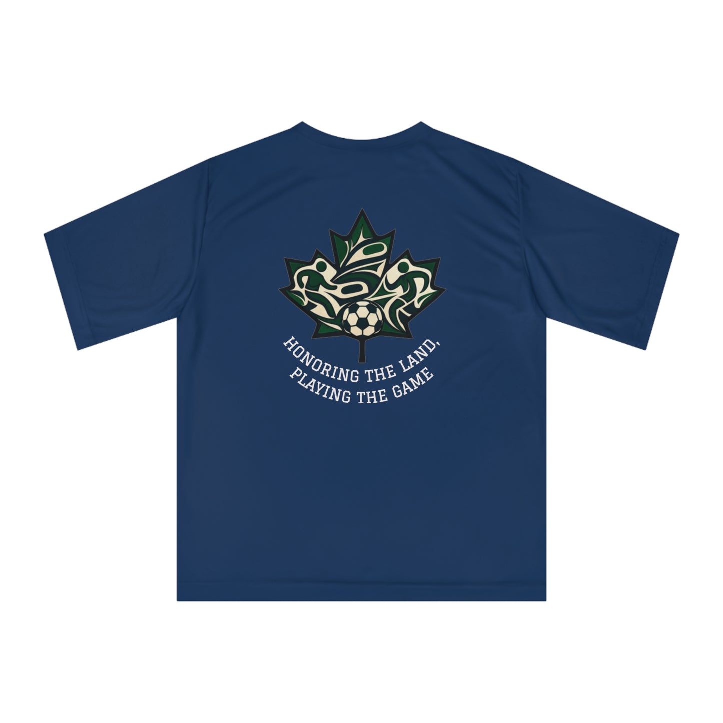Female Salish Striker Performance T-Shirt — Indigenous Maple Leaf Soccer Design “Honoring the Land, Playing the Game”