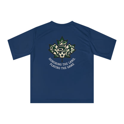 Female Salish Striker Performance T-Shirt — Indigenous Maple Leaf Soccer Design “Honoring the Land, Playing the Game”
