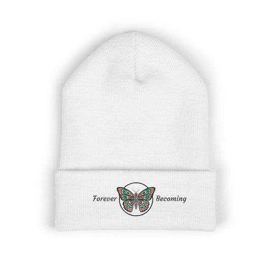 Embroidered Coast Salish Butterfly Beanie — "Forever Becoming" Cuffed Knit Hat