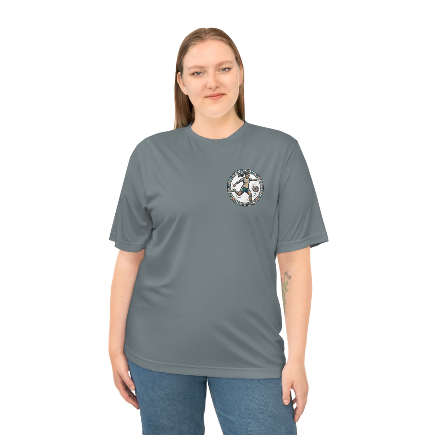 Female Salish Striker Performance T-Shirt — Indigenous Maple Leaf Soccer Design “Honoring the Land, Playing the Game”