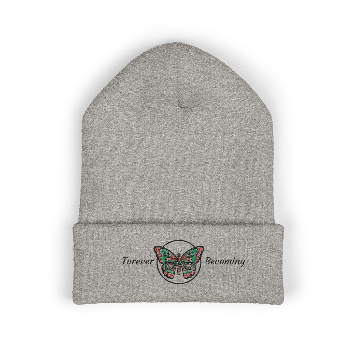 Embroidered Coast Salish Butterfly Beanie — "Forever Becoming" Cuffed Knit Hat