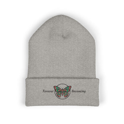 Embroidered Coast Salish Butterfly Beanie — "Forever Becoming" Cuffed Knit Hat