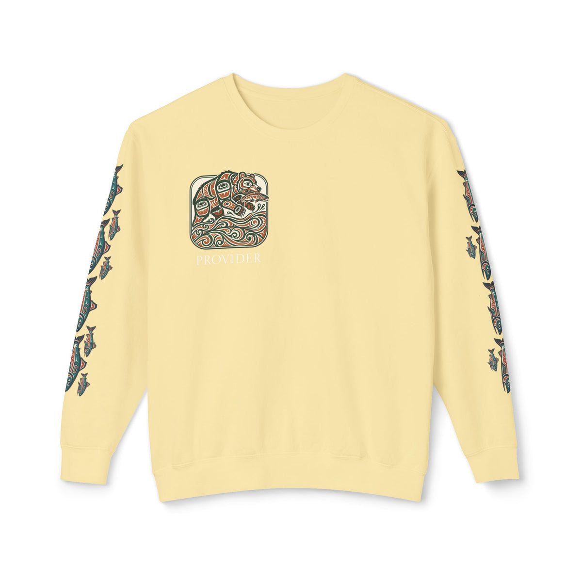 Provider Pullover Crewneck Sweatshirt — Tribal Salmon Sleeve Design