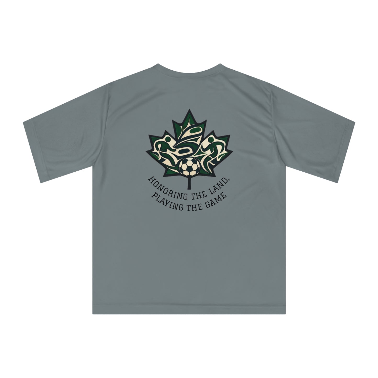 Female Salish Striker Performance T-Shirt — Indigenous Maple Leaf Soccer Design “Honoring the Land, Playing the Game”