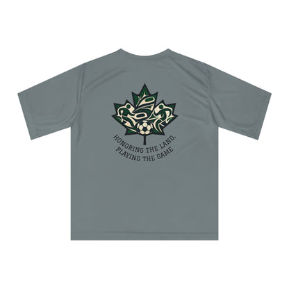 Female Salish Striker Performance T-Shirt — Indigenous Maple Leaf Soccer Design “Honoring the Land, Playing the Game”