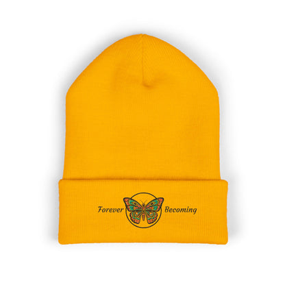 Embroidered Coast Salish Butterfly Beanie — "Forever Becoming" Cuffed Knit Hat