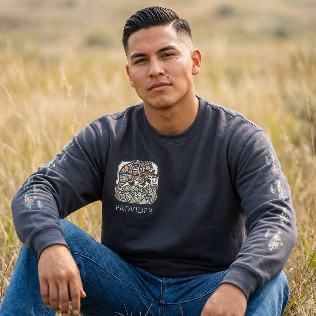 Provider Pullover Crewneck Sweatshirt — Tribal Salmon Sleeve Design