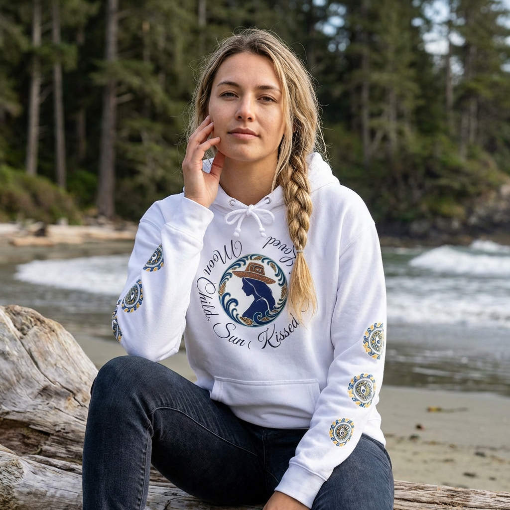 Moon Child Hoodie — Coast Salish Celestial Graphic Hooded Sweatshirt