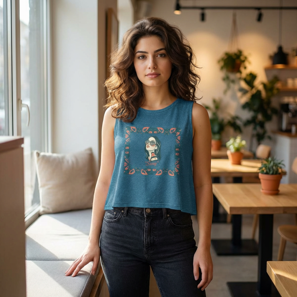 Pre-Contact Sunglasses Crop Top — Retro Aboriginal Graphic Women's Tank
