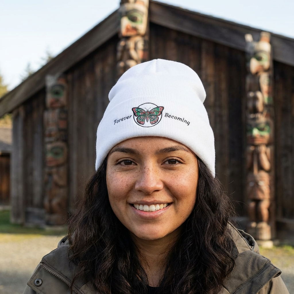 Embroidered Coast Salish Butterfly Beanie — "Forever Becoming" Cuffed Knit Hat
