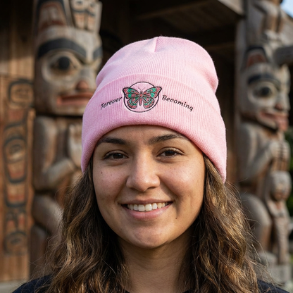 Embroidered Coast Salish Butterfly Beanie — "Forever Becoming" Cuffed Knit Hat