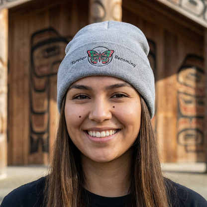 Embroidered Coast Salish Butterfly Beanie — "Forever Becoming" Cuffed Knit Hat