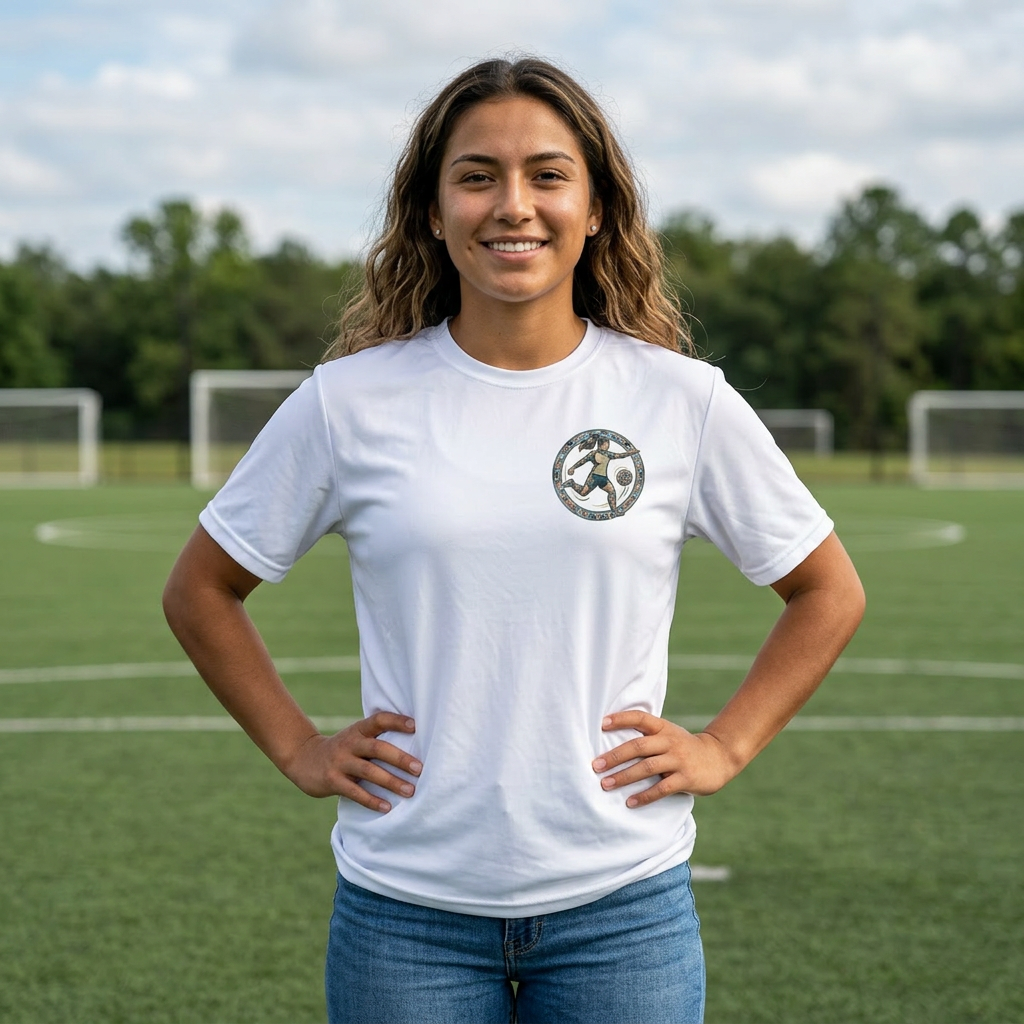 Female Salish Striker Performance T-Shirt — Indigenous Maple Leaf Soccer Design “Honoring the Land, Playing the Game”