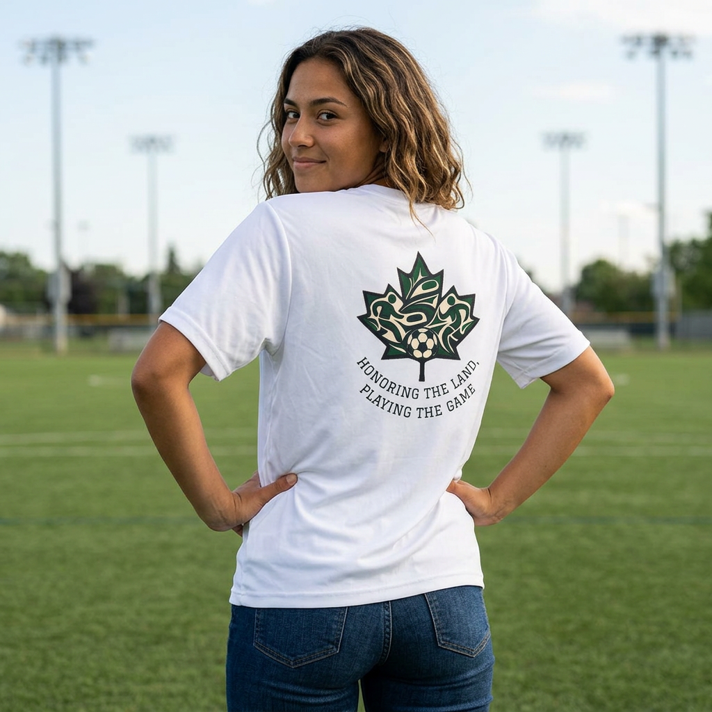 Female Salish Striker Performance T-Shirt — Indigenous Maple Leaf Soccer Design “Honoring the Land, Playing the Game”