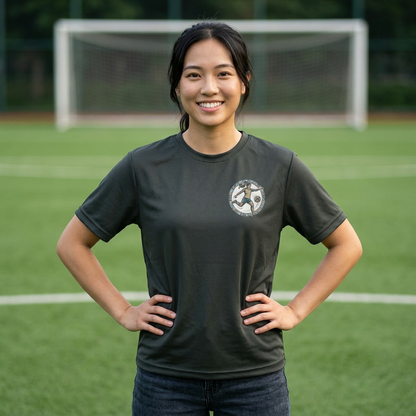 Female Salish Striker Performance T-Shirt — Indigenous Maple Leaf Soccer Design “Honoring the Land, Playing the Game”