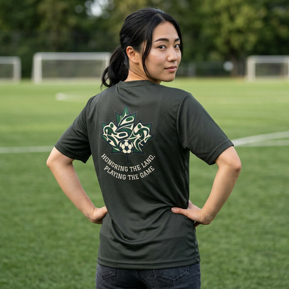 Female Salish Striker Performance T-Shirt — Indigenous Maple Leaf Soccer Design “Honoring the Land, Playing the Game”