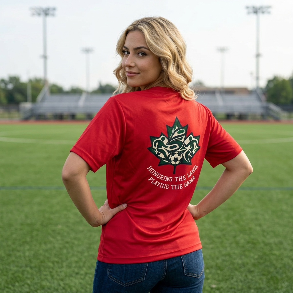 Female Salish Striker Performance T-Shirt — Indigenous Maple Leaf Soccer Design “Honoring the Land, Playing the Game”
