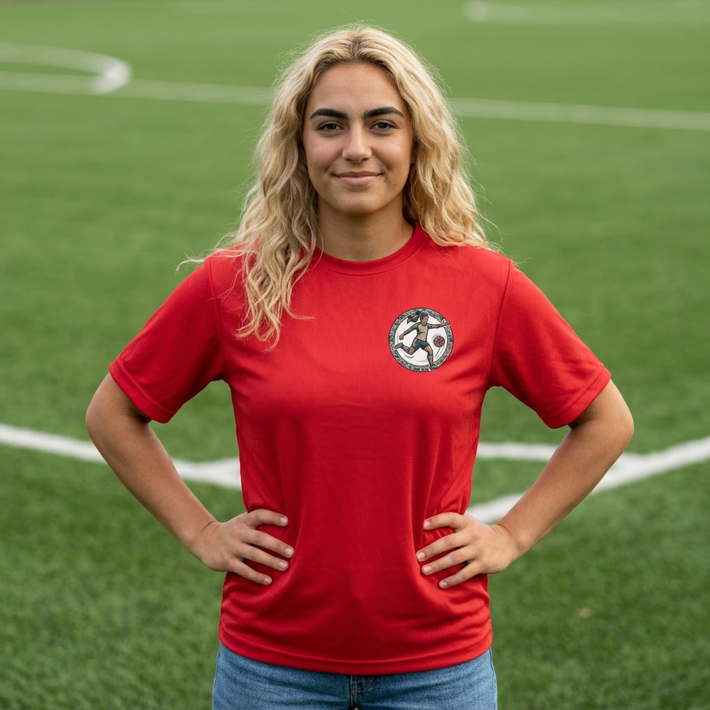 Female Salish Striker Performance T-Shirt — Indigenous Maple Leaf Soccer Design “Honoring the Land, Playing the Game”