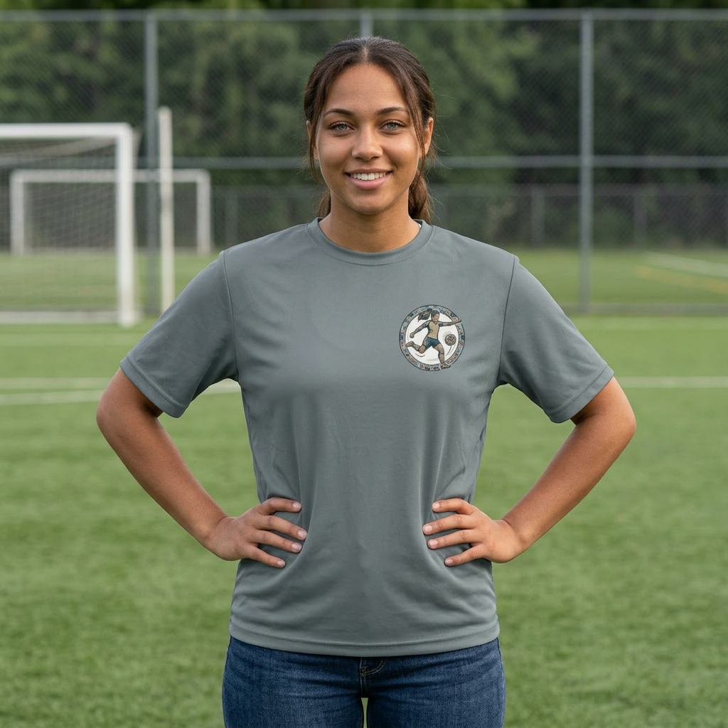 Female Salish Striker Performance T-Shirt — Indigenous Maple Leaf Soccer Design “Honoring the Land, Playing the Game”