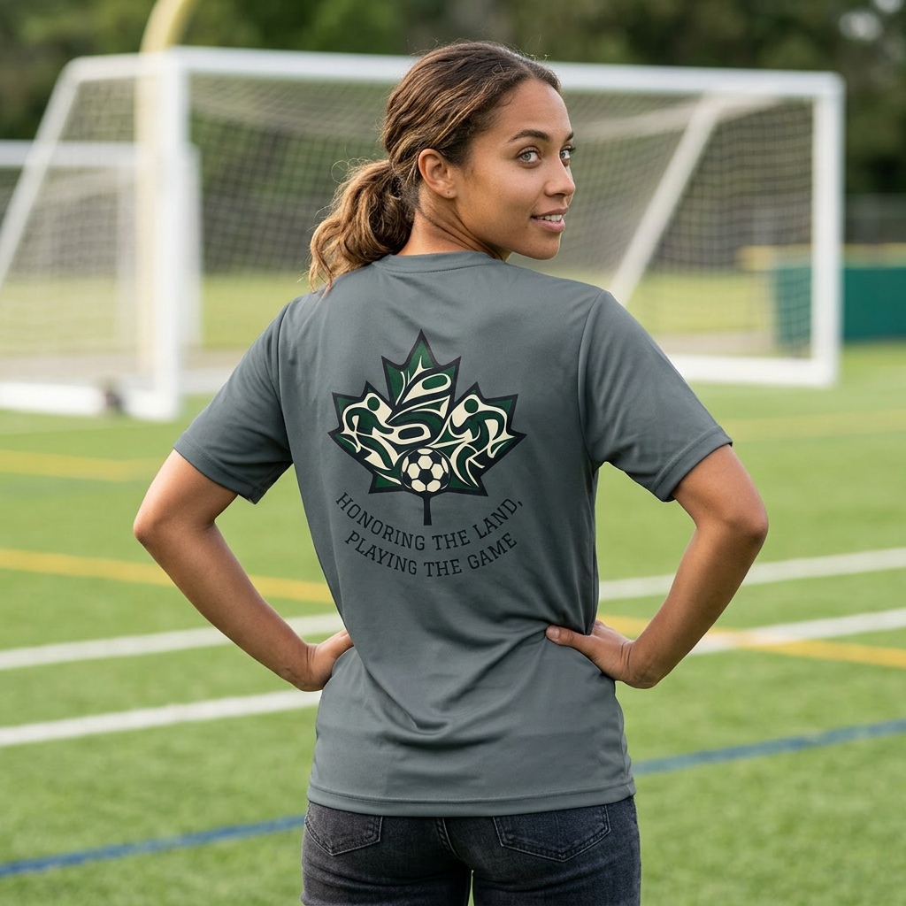 Female Salish Striker Performance T-Shirt — Indigenous Maple Leaf Soccer Design “Honoring the Land, Playing the Game”