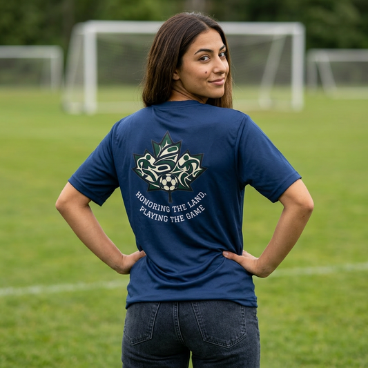 Female Salish Striker Performance T-Shirt — Indigenous Maple Leaf Soccer Design “Honoring the Land, Playing the Game”