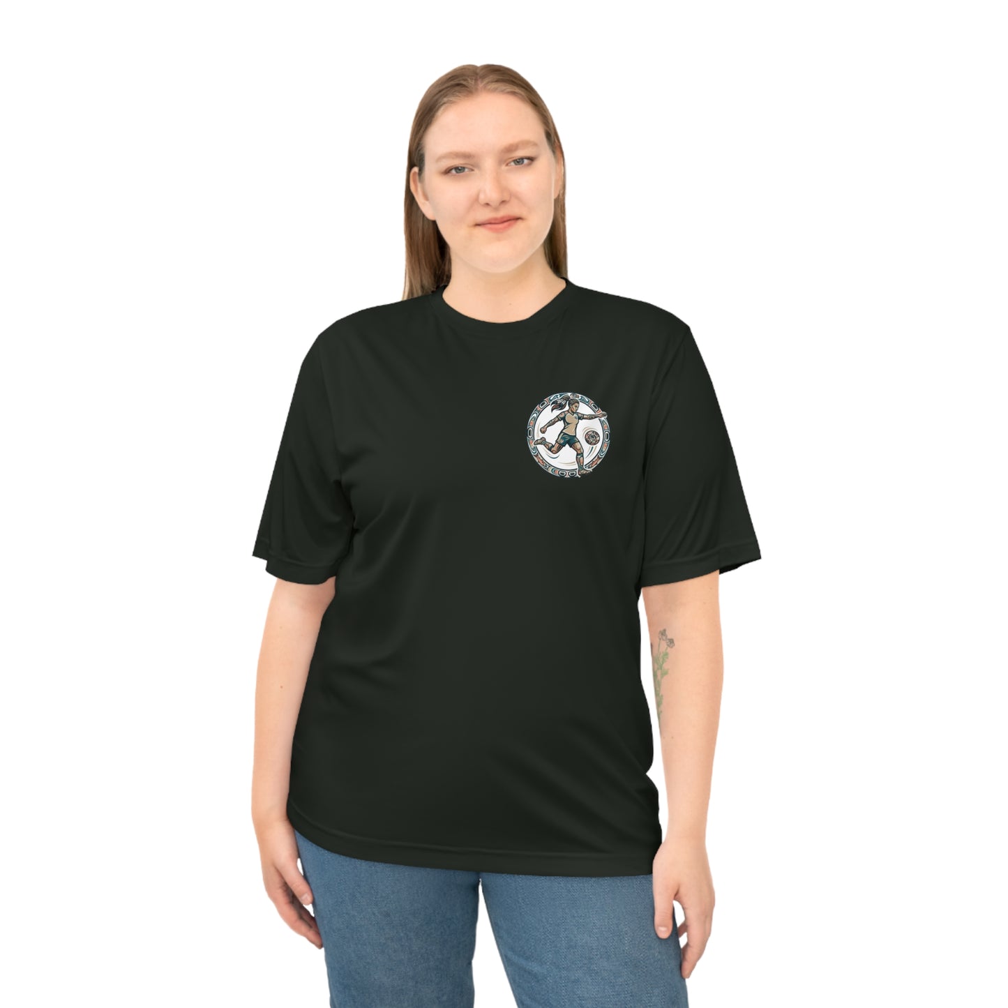 Female Salish Striker Performance T-Shirt — Indigenous Maple Leaf Soccer Design “Honoring the Land, Playing the Game”