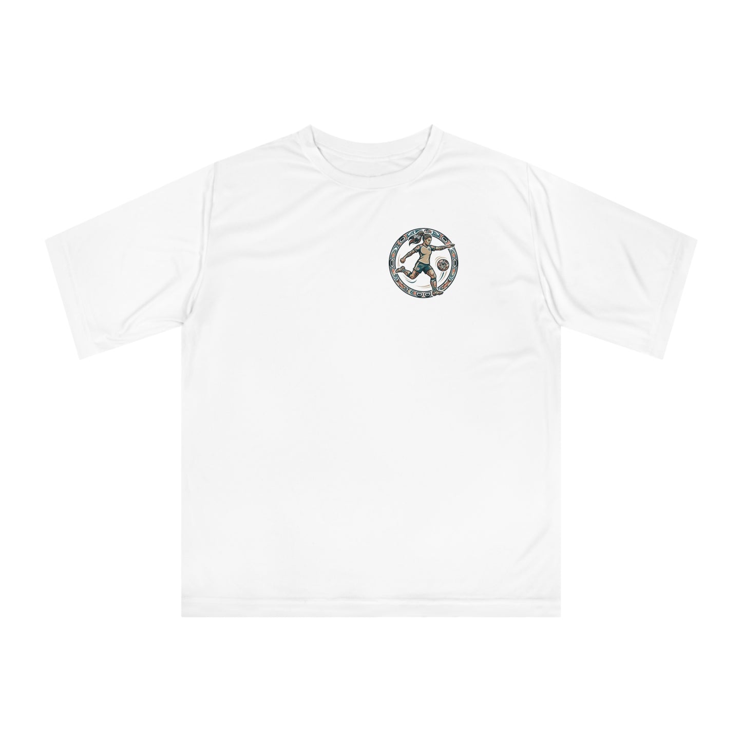 Female Salish Striker Performance T-Shirt — Indigenous Maple Leaf Soccer Design “Honoring the Land, Playing the Game”