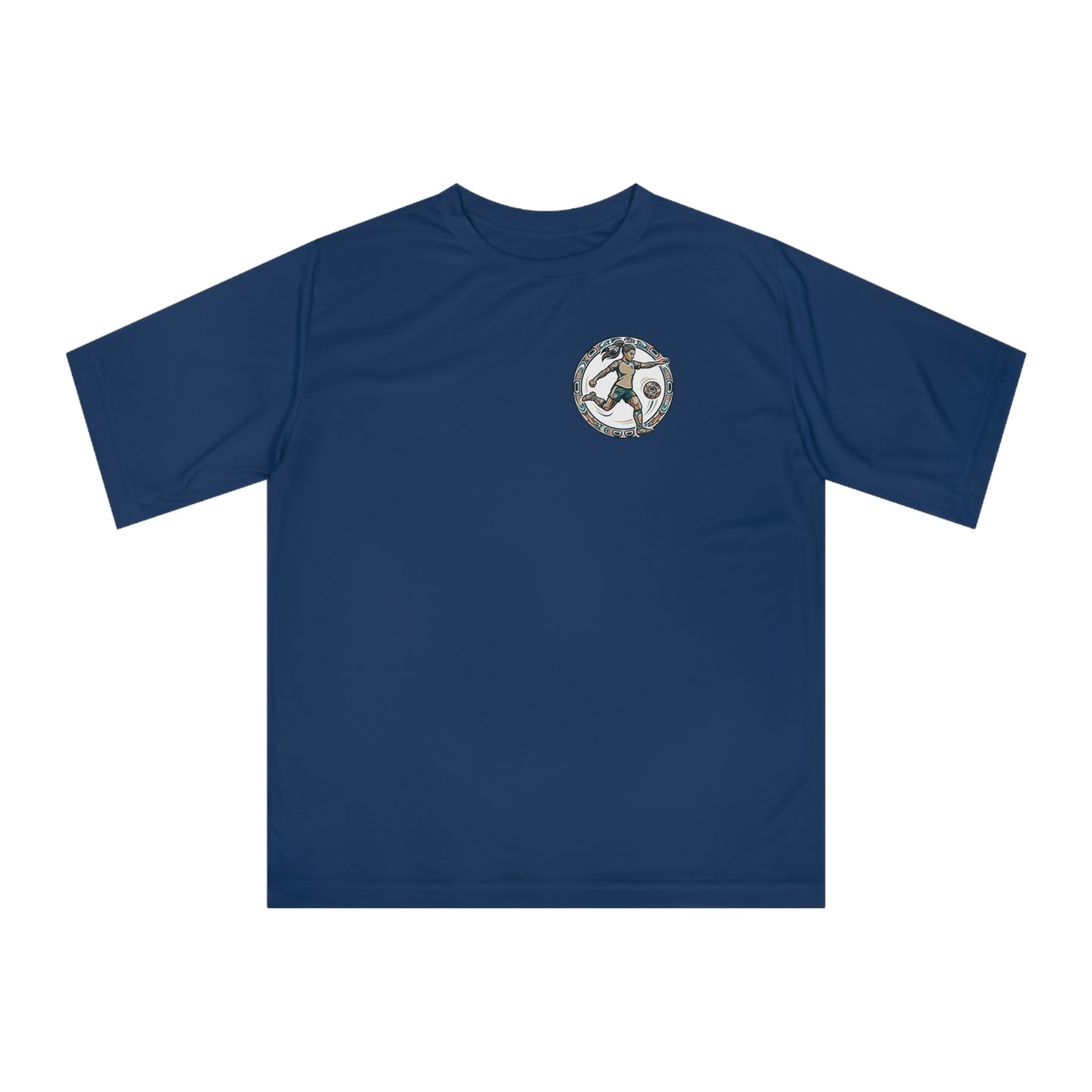 Female Salish Striker Performance T-Shirt — Indigenous Maple Leaf Soccer Design “Honoring the Land, Playing the Game”