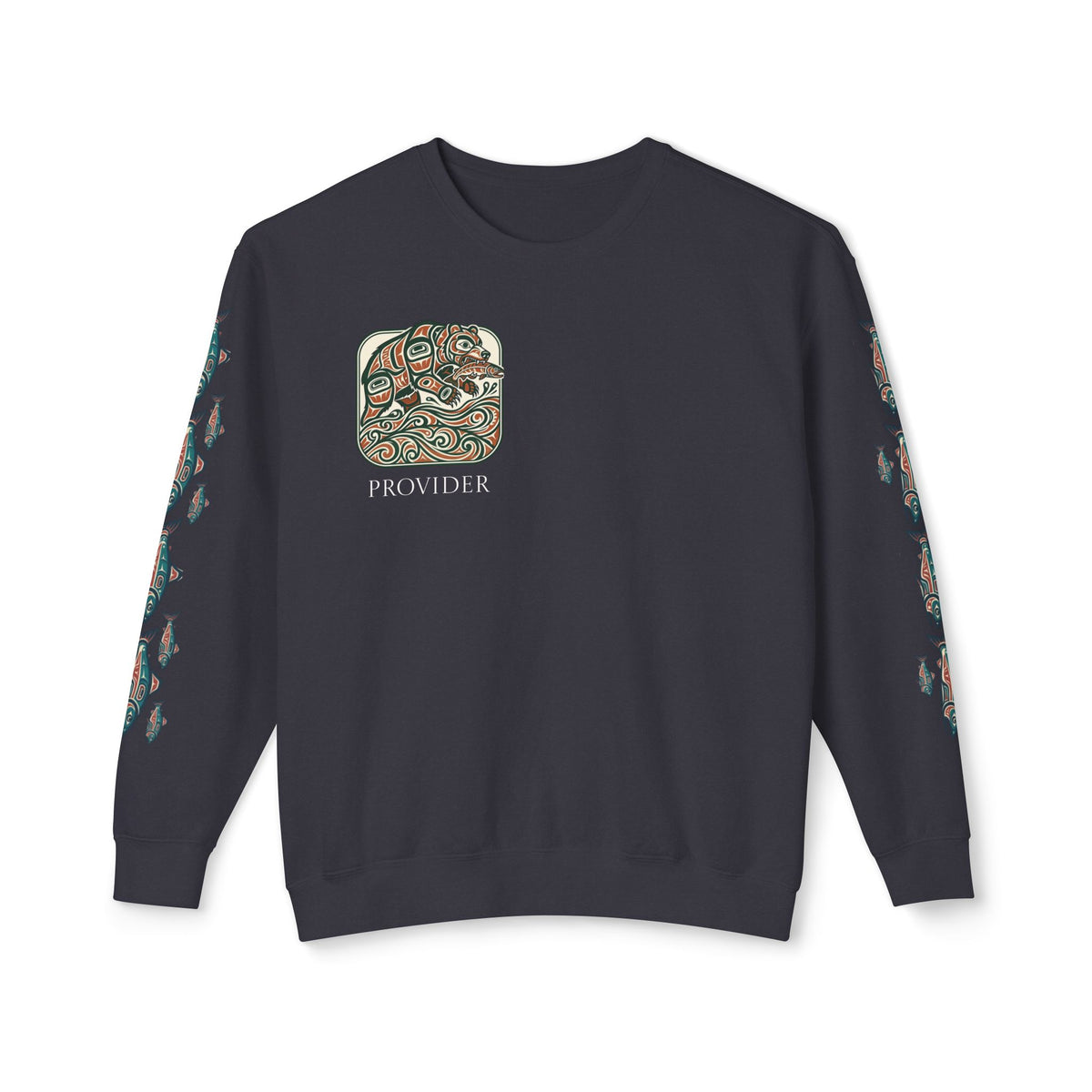 Provider Pullover Crewneck Sweatshirt — Tribal Salmon Sleeve Design