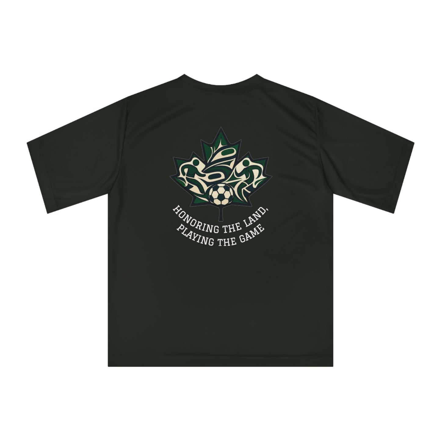 Female Salish Striker Performance T-Shirt — Indigenous Maple Leaf Soccer Design “Honoring the Land, Playing the Game”