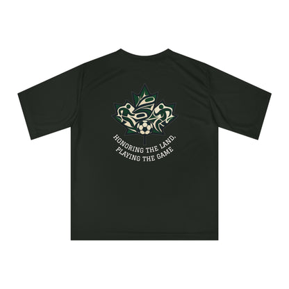 Female Salish Striker Performance T-Shirt — Indigenous Maple Leaf Soccer Design “Honoring the Land, Playing the Game”