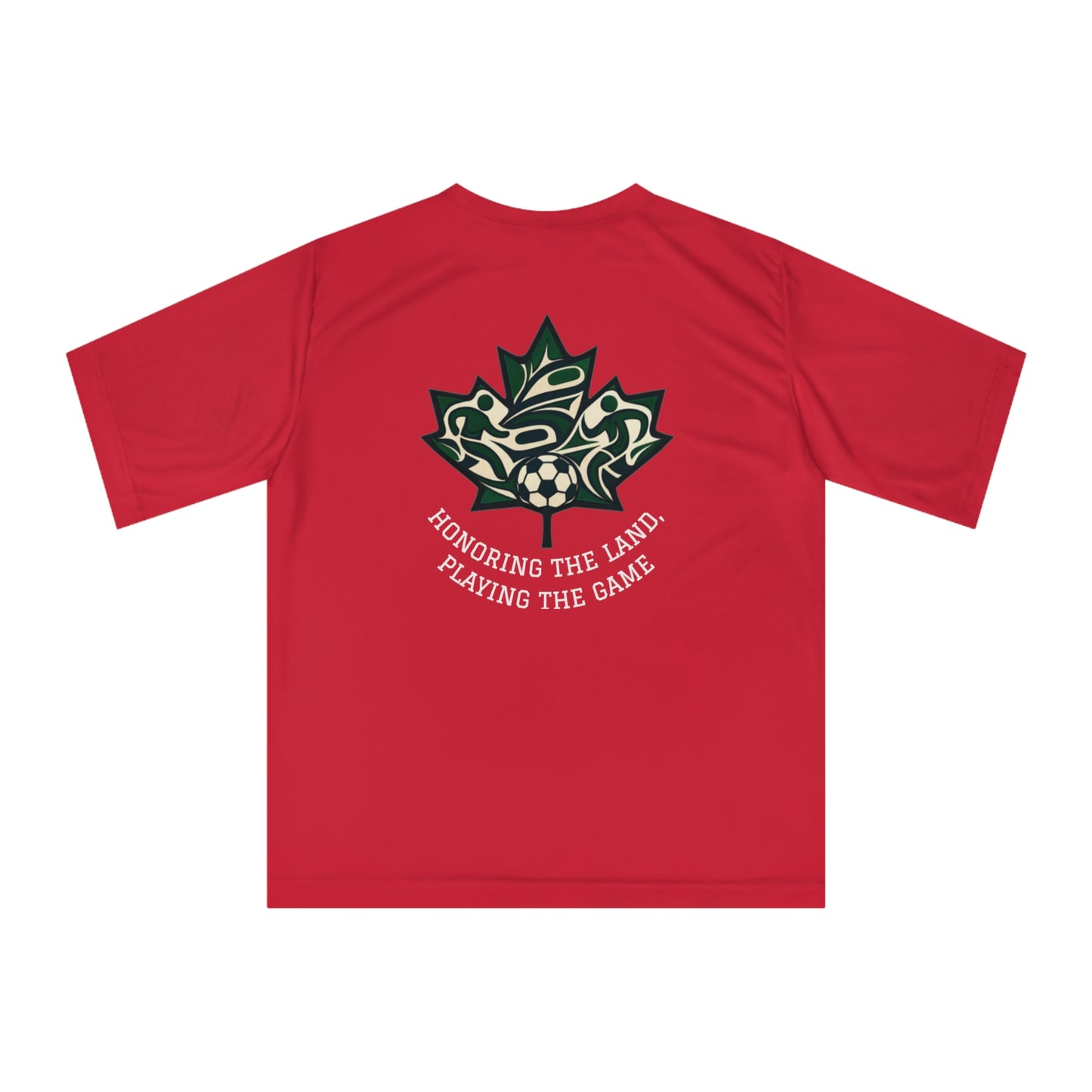 Female Salish Striker Performance T-Shirt — Indigenous Maple Leaf Soccer Design “Honoring the Land, Playing the Game”