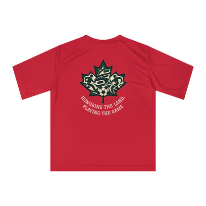 Female Salish Striker Performance T-Shirt — Indigenous Maple Leaf Soccer Design “Honoring the Land, Playing the Game”